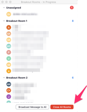 the brekaout rooms window appear with an arrow pointing to the "close all Rooms" button.