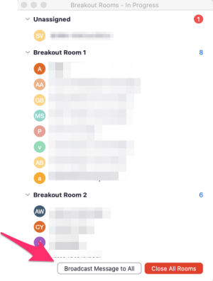 the breakout room window is displayed with a list of rooms with participants' names blurred. A arrow points to the "Broadcast Message" button. 