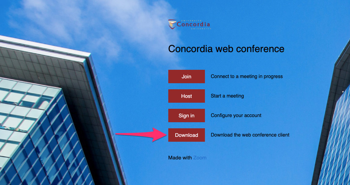The Zoom web conference portal is displayed with an arrow pointing to the DOWNLOAD button
