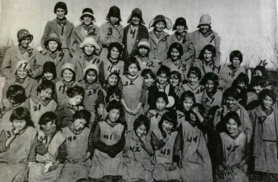 Archival photo of a girls' class at St. Michael’s Indian Residential School in Duck Lake, Saskatchewan