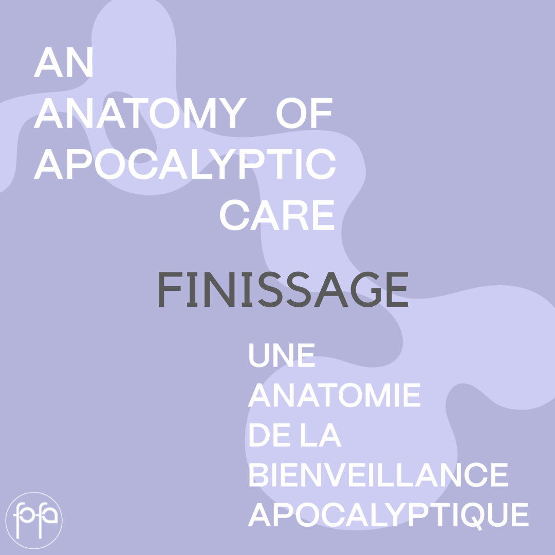 promotional material lavender background with abstract forms with text, title of the exhibition and the word finissage