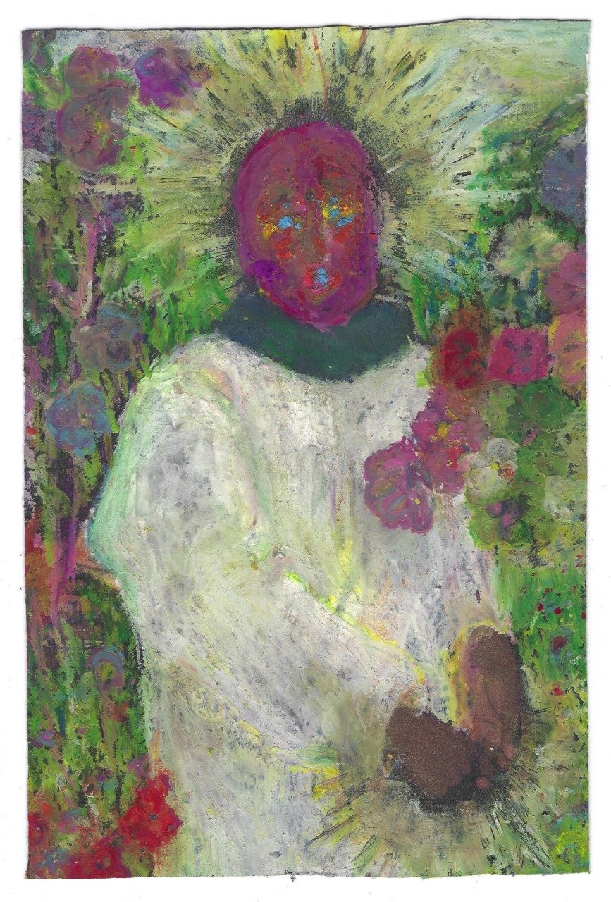 portrait with pastel on paper.  foreground: a figure with a red-ish face is standing wearing white clothes, facial features seems inspired by religious iconography with halo, background: multi-colour flowers 