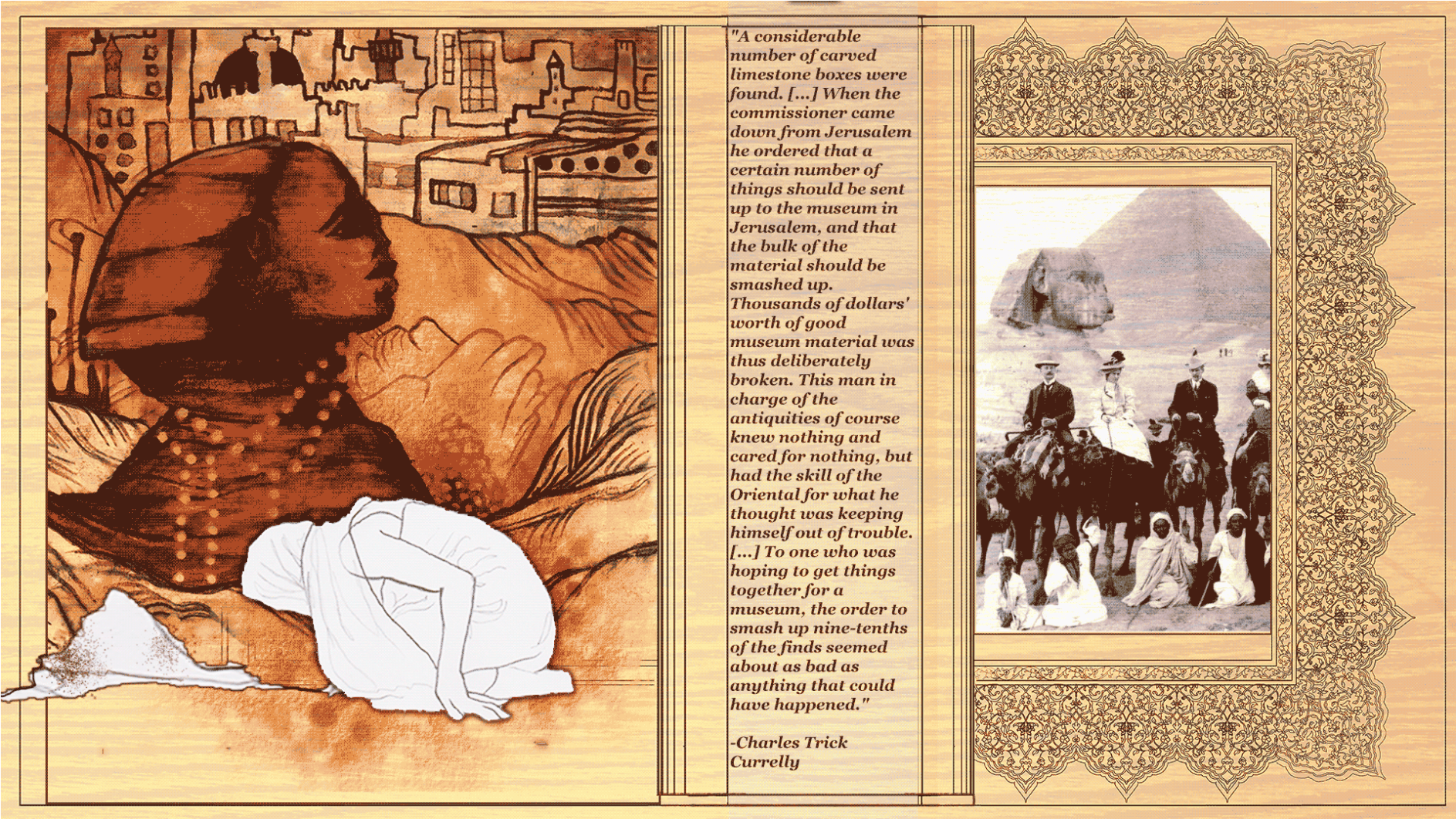 two images next to each other, one the left a drawn image of the sphinx with a women with hijab bowing in the foreground, behind the sphinx a residential landscapes, older houses, on the right an archival image of British officals wiomen and men on horses, workers of egyptian sitting on the sand, behind them pyramids, in hte middle of both images text. 