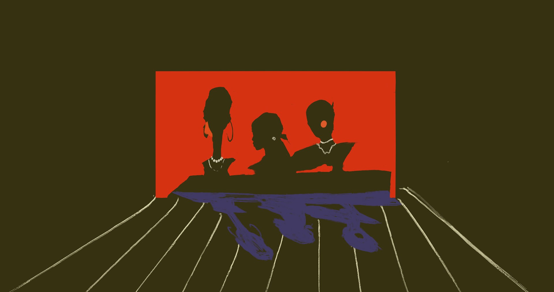 Two Black female bodied individuals are captured having a serious conversation in a dimly lit office. One of them is about 40 yrs old and sitting on a chair facing the younger protagonist who is standing on the other side of the desk, she looks like she is in her late teens. 