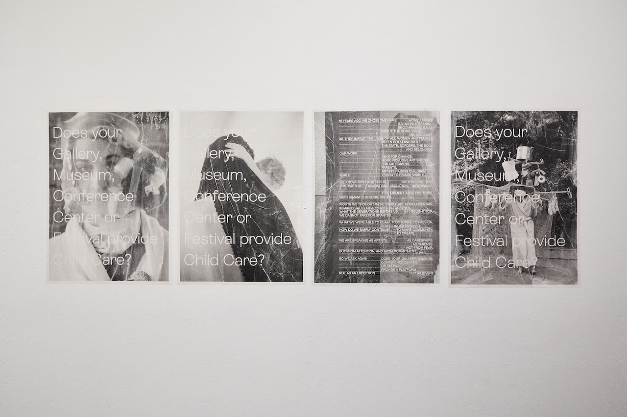 A white gallery wall shows four black and white posters pasted in a row. Three of them show the question "Does you gallery, museum, conference center of festival provide child care?" overlaying images of parenthood. One of the posters has a longer list of statements printed smaller.