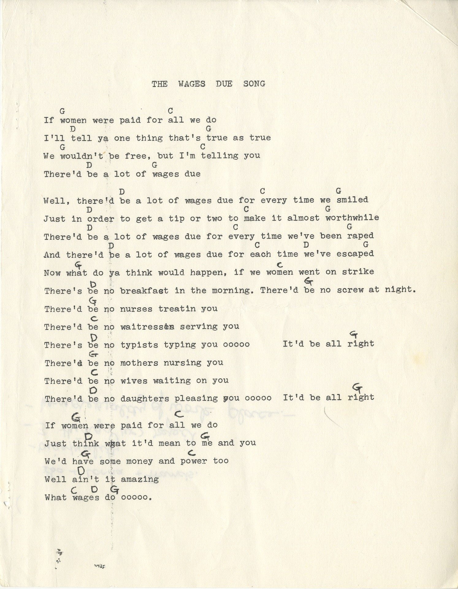 an image of the archived sheet of lyrics from Bo Watson's "Wages Due Song." The lyrics are about women needing to be paid for the work they do and how great the impact would be if they went on strike. A transcript of the lyrics can be found in a section of this page.