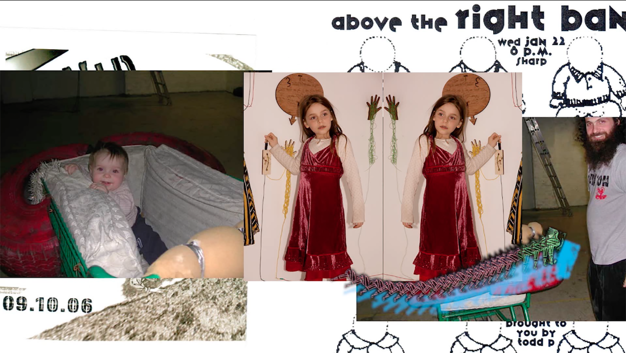 Screenshot of a video that shows a collage of home footage including children, parents, arts professionals and drawings. A toddler peers out from a bed, a child plays with an artwork, an adult grins.  