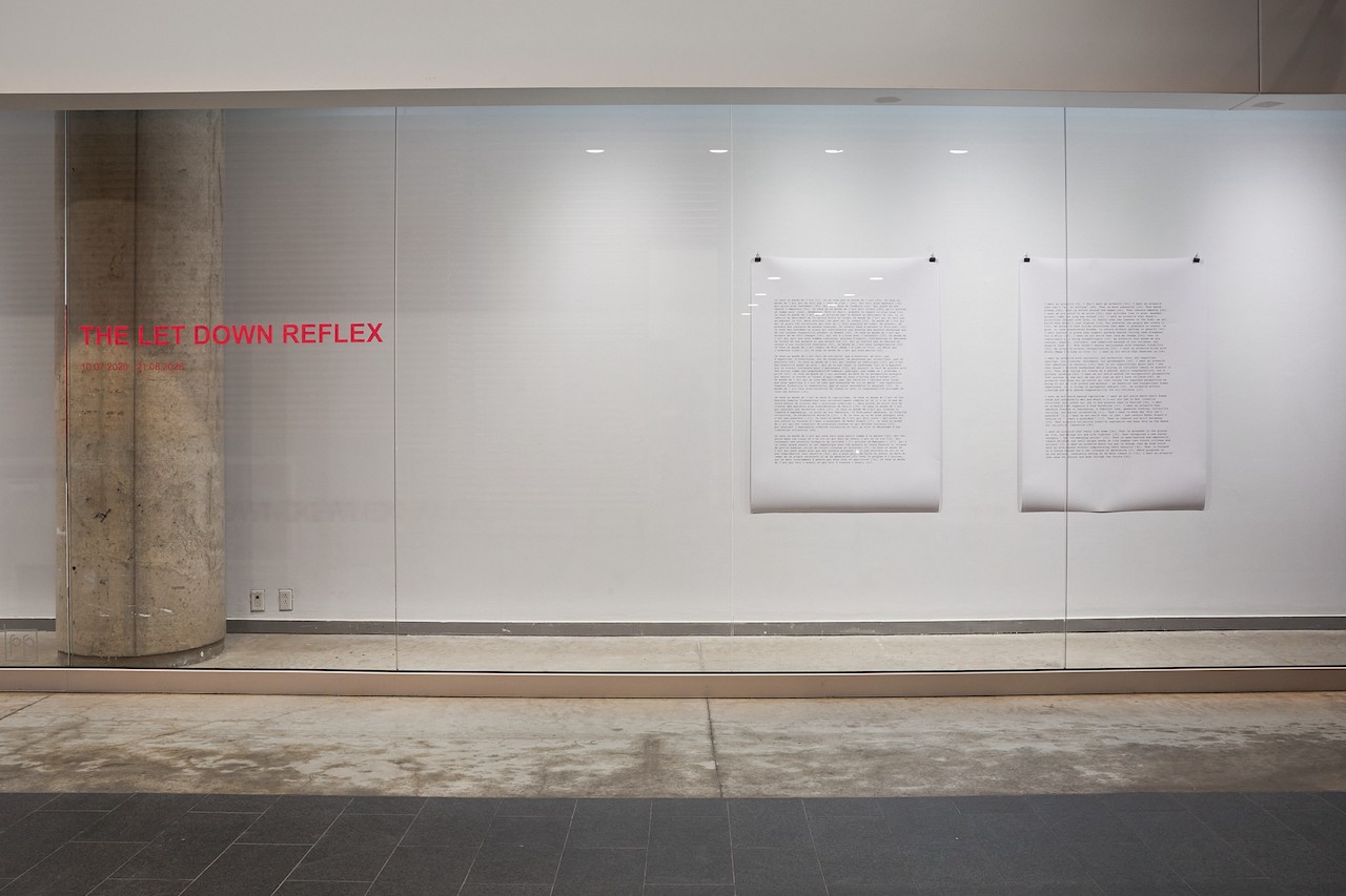 Two large prints are hanging in a corridor vitrine. Each print is of black text on white paper. The installation photo is not close enough for the writing to be legible. On the vitrine's glass is the exhibition title pasted in vibrant pink paper, "THE LET DOWN REFLEX."