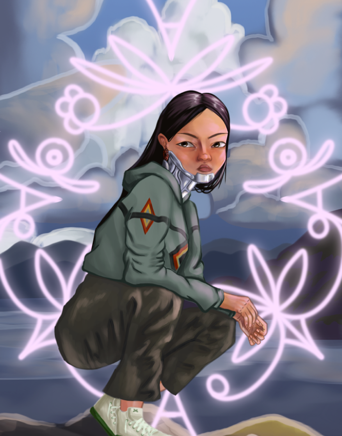 A digital painting shows a figure kneeling and facing towards the viewer. The figure is a cyborg with a metallic neck. The background is a hazy blue landscape with light pink drawings of floral shapes over it.