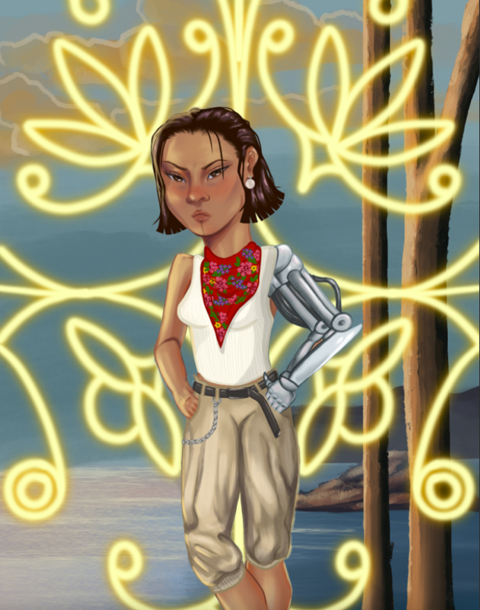 A digital painting shows a central figure standing with their hands in their pockets looking straight at the viewer. One of their arms is completely mechanical. The background looks like an idyllic lake landscape with glowing yellow floral drawings pasted on top.