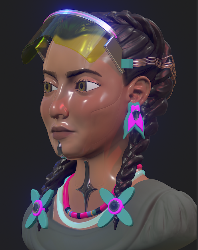 A 3d rendered shoulders and head portrait. The person has a darker complexion, two braids and large turquoise and magenta jewelry. They have a plastic visor resting on their head.