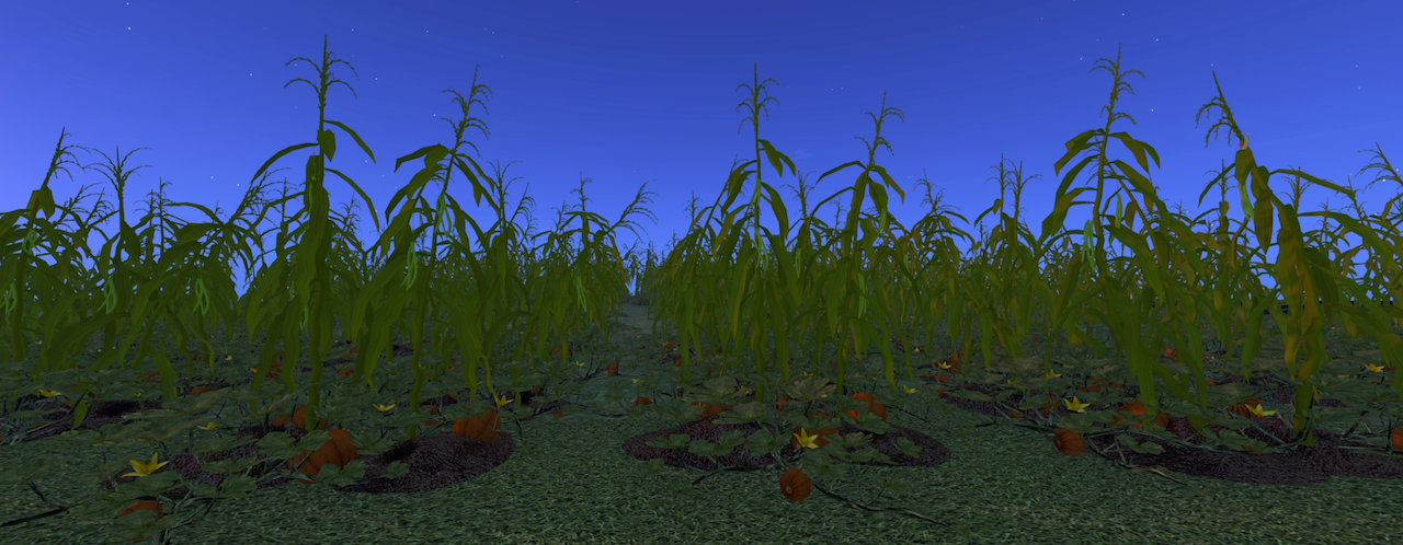 A long horizontal digital image of a prairies landscape. The sky is a rich blue of an early morning sky before the sun rises. In the forefront is a field of the Three Sisters, dark green foliage with yellow flowers and round orange squash.