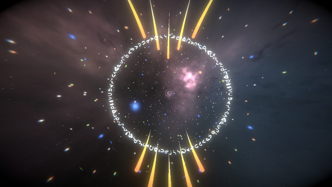 a digital image of a dark universe speckeld with stars is interrupted by streaks of yellow light and a ring of floating Cree syllabics