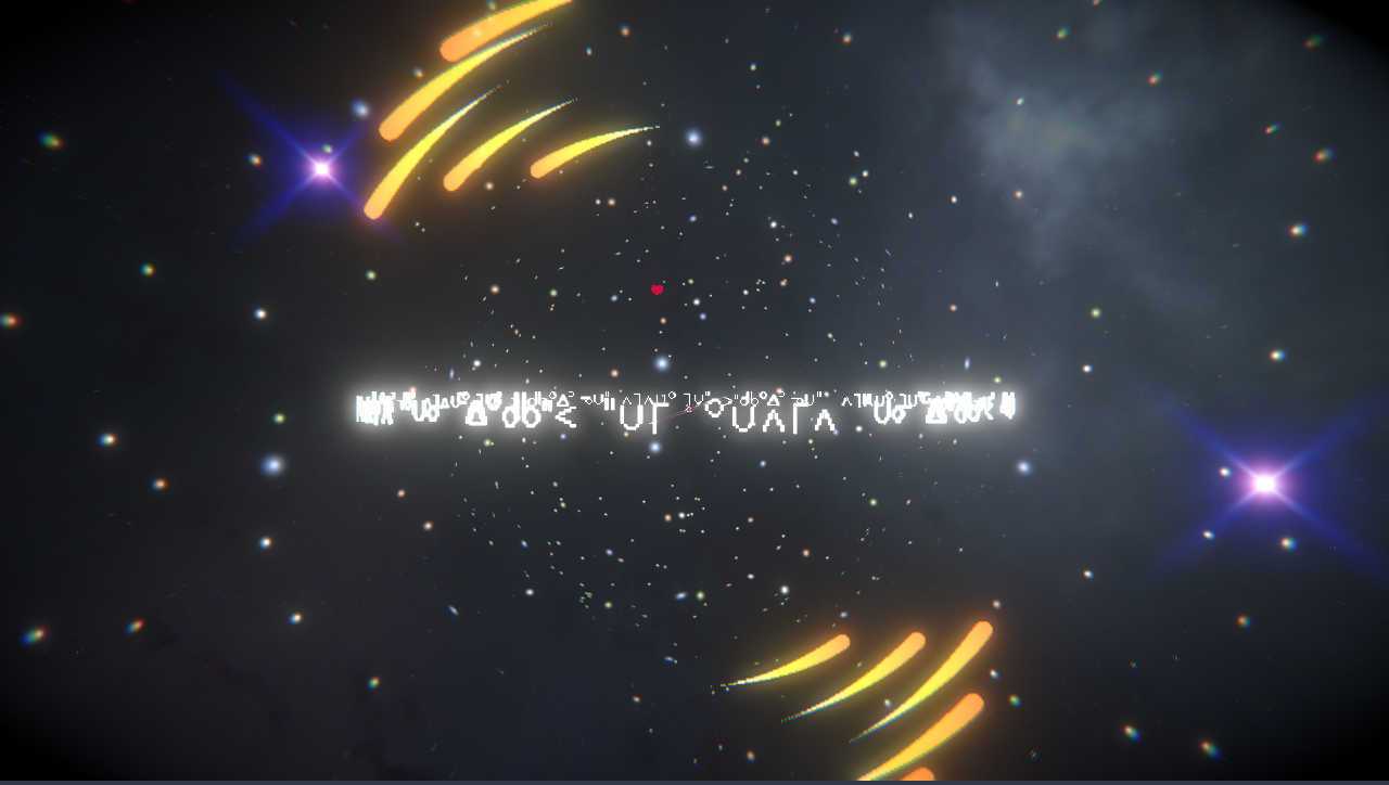 a digital image of a dark universe speckeld with stars is interrupted by streaks of yellow light and a ring of floating Cree syllabics