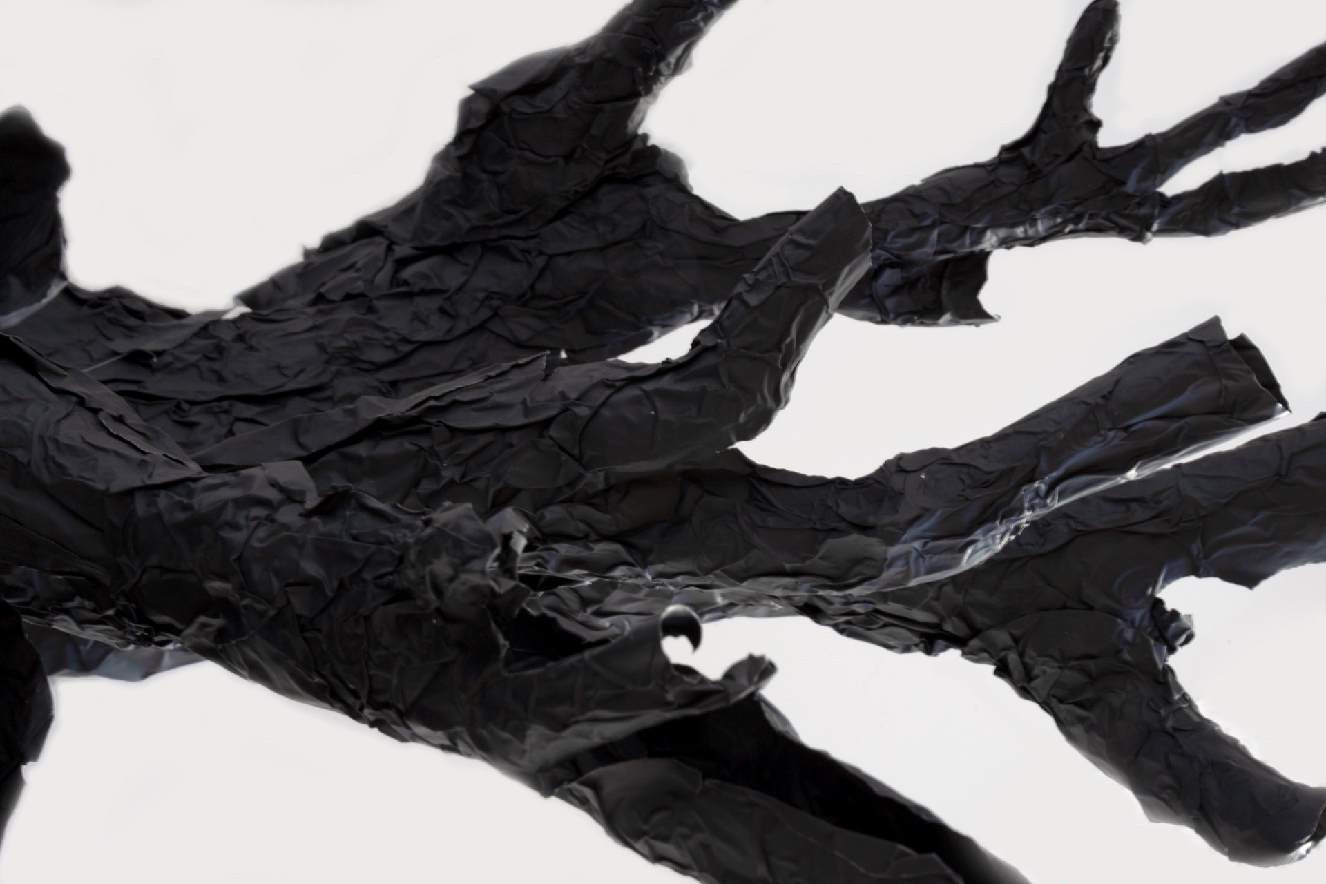 Close-up of a sculpture of black hollow branches made with foil