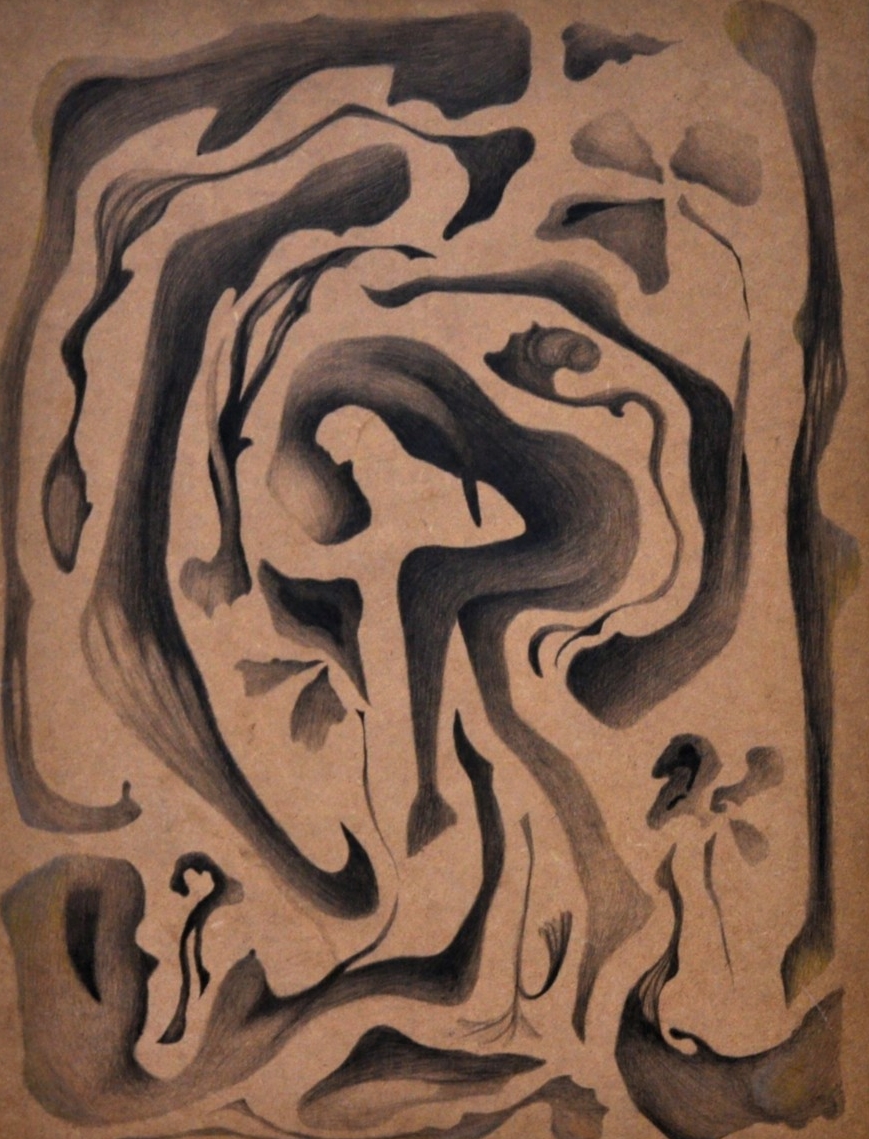 Drawing on MDF wood of black and blue squiggles creating a spiral composition with a figure curled up in the middle  