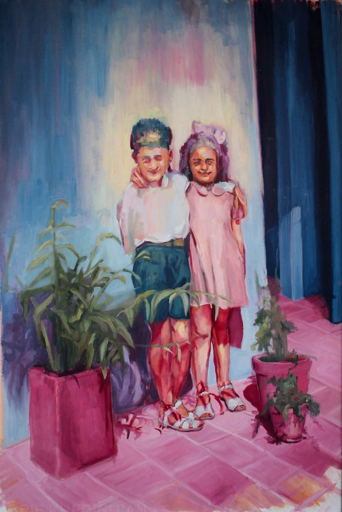 Painting of two children with three house plants at their feet and a faded background with an undertone of blues and pinks