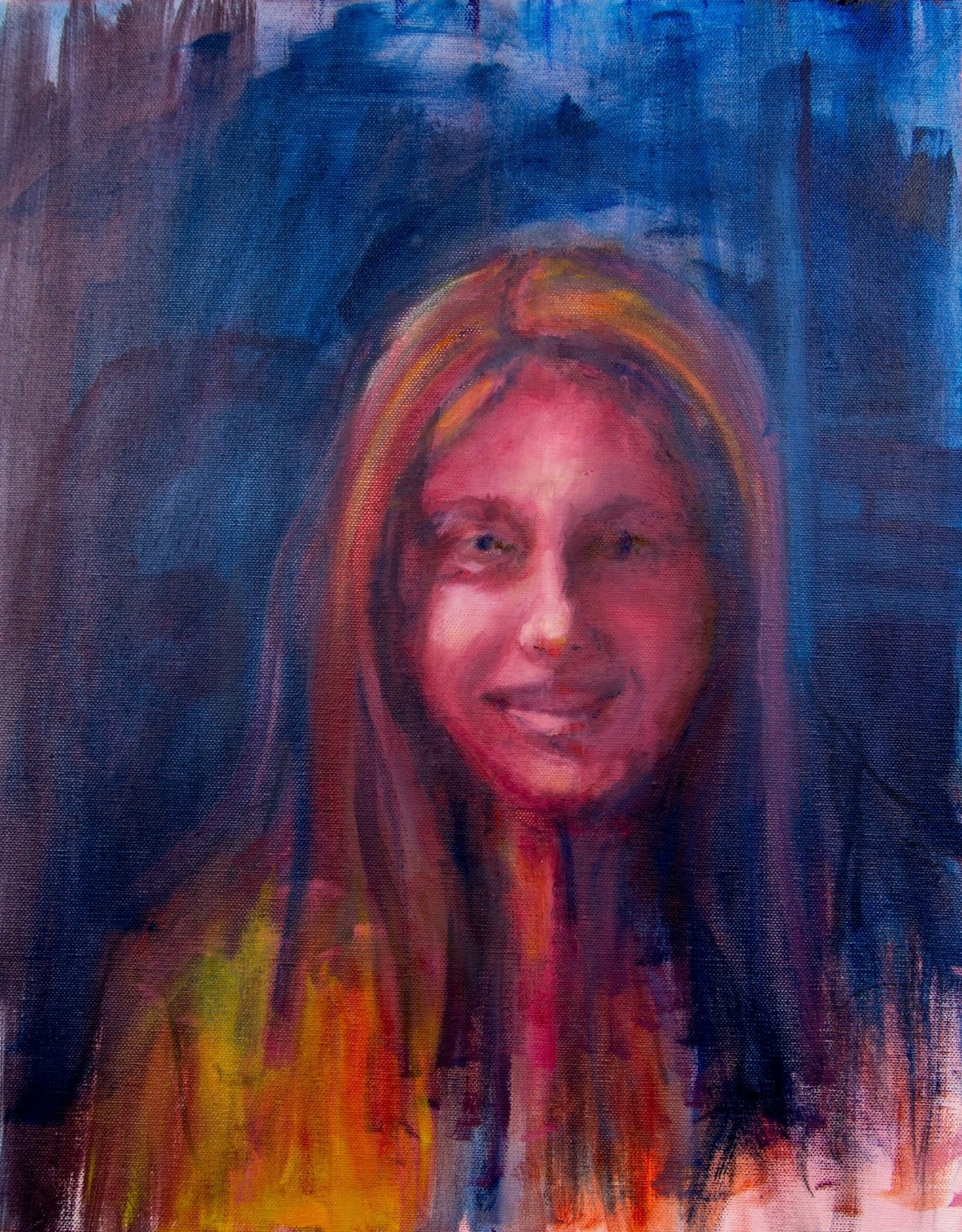Painting of a woman smiling and a blurry dark background