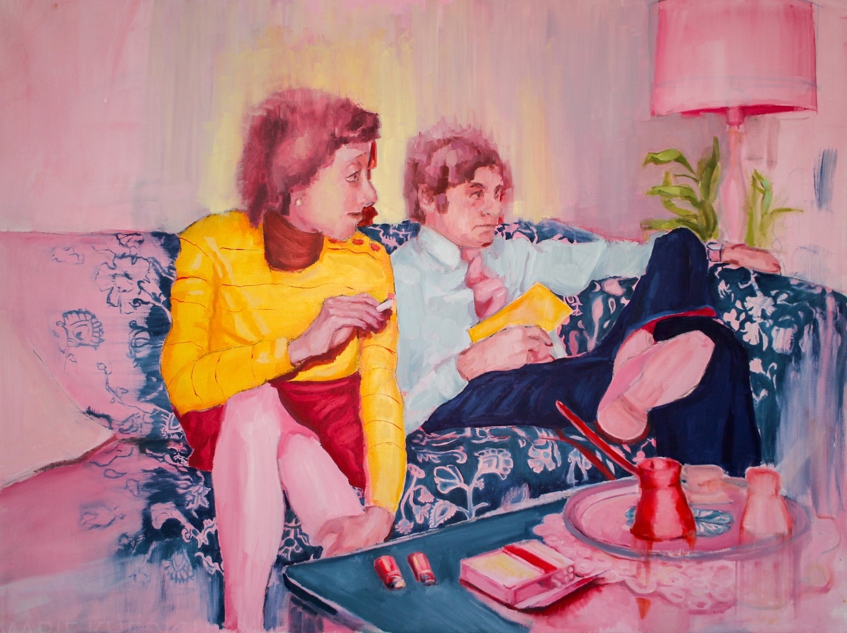 Painting of two people sitting on a couch with a faded background in an undertone of pink