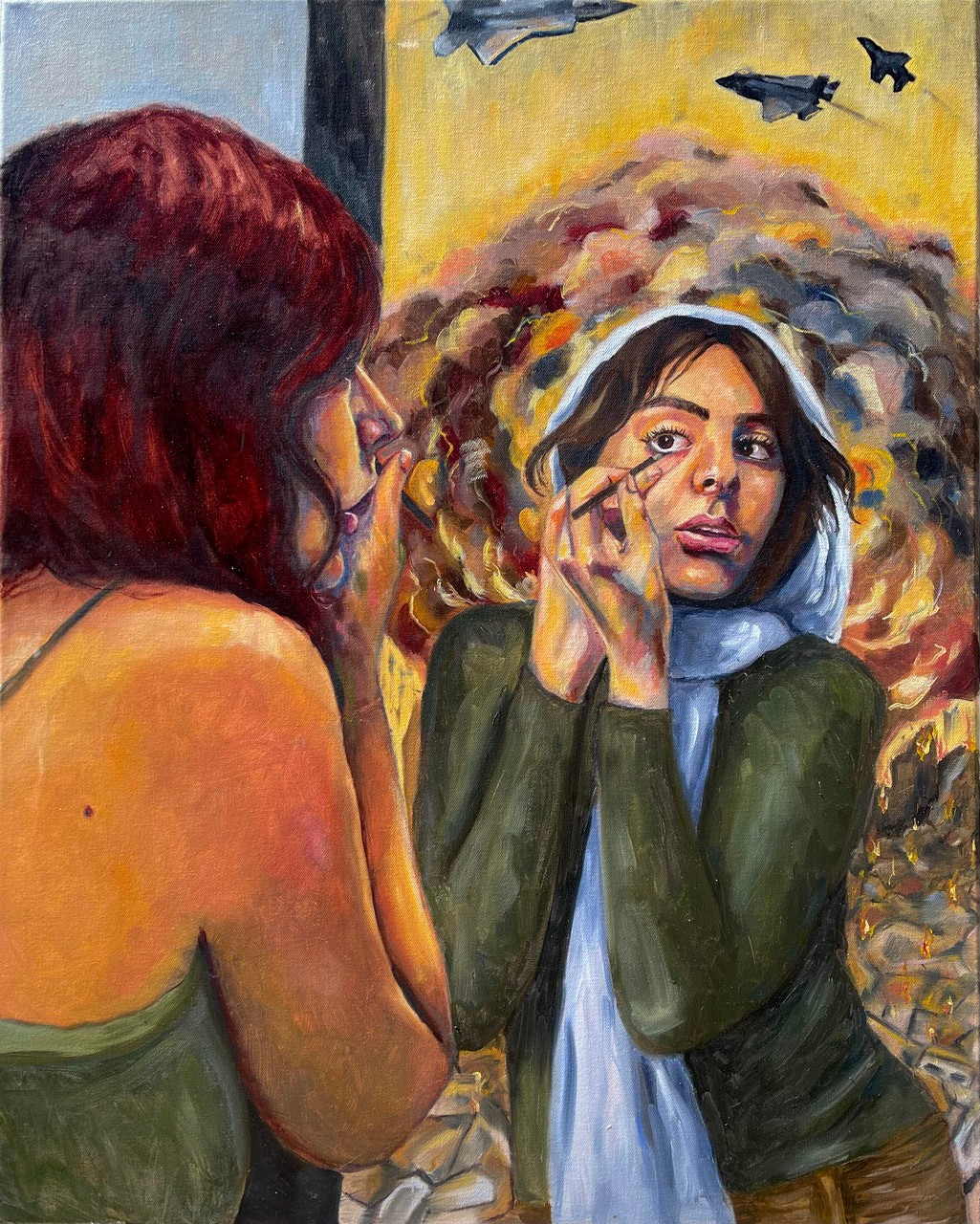 Painting of a young woman doing her make-up in the mirror, two versions of herself: one in a calm background and wearing a sleeveless shirt and her hair down, the other wears a veil and behind her, an explosion and airplanes