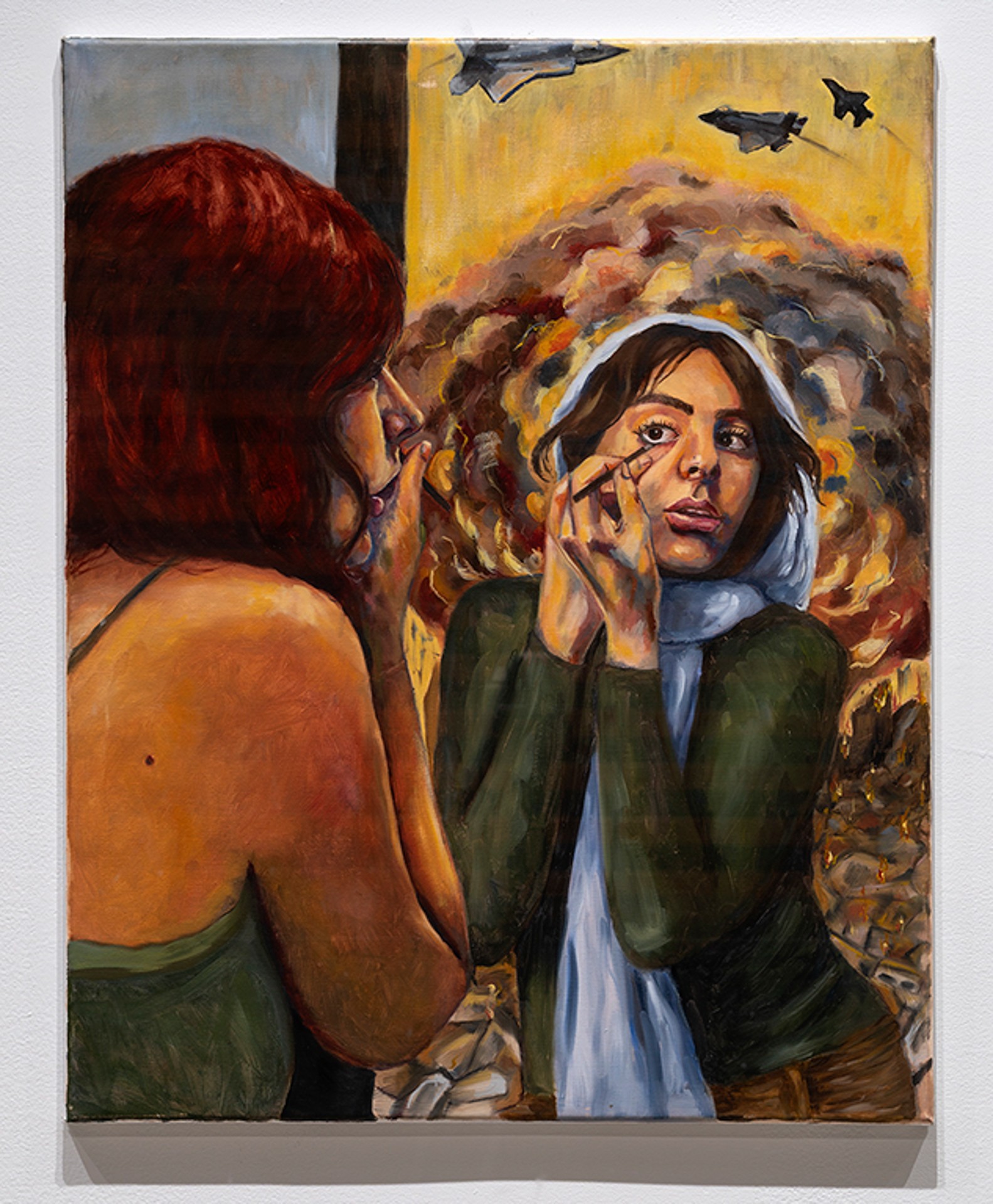 Painting of a young woman doing her make-up in the mirror, two versions of herself: one in a calm background and wearing a sleeveless shirt and her hair down, the other wears a veil and behind her, an explosion and airplanes