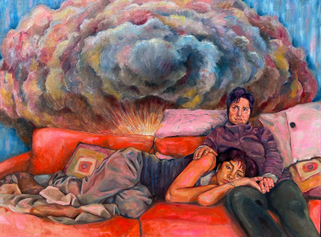 Painting of two people sitting on a couch with a background of a colorful explosion behind them, the person sitting straight has a calm posture and face, the person laying on the other person's lap seems bored