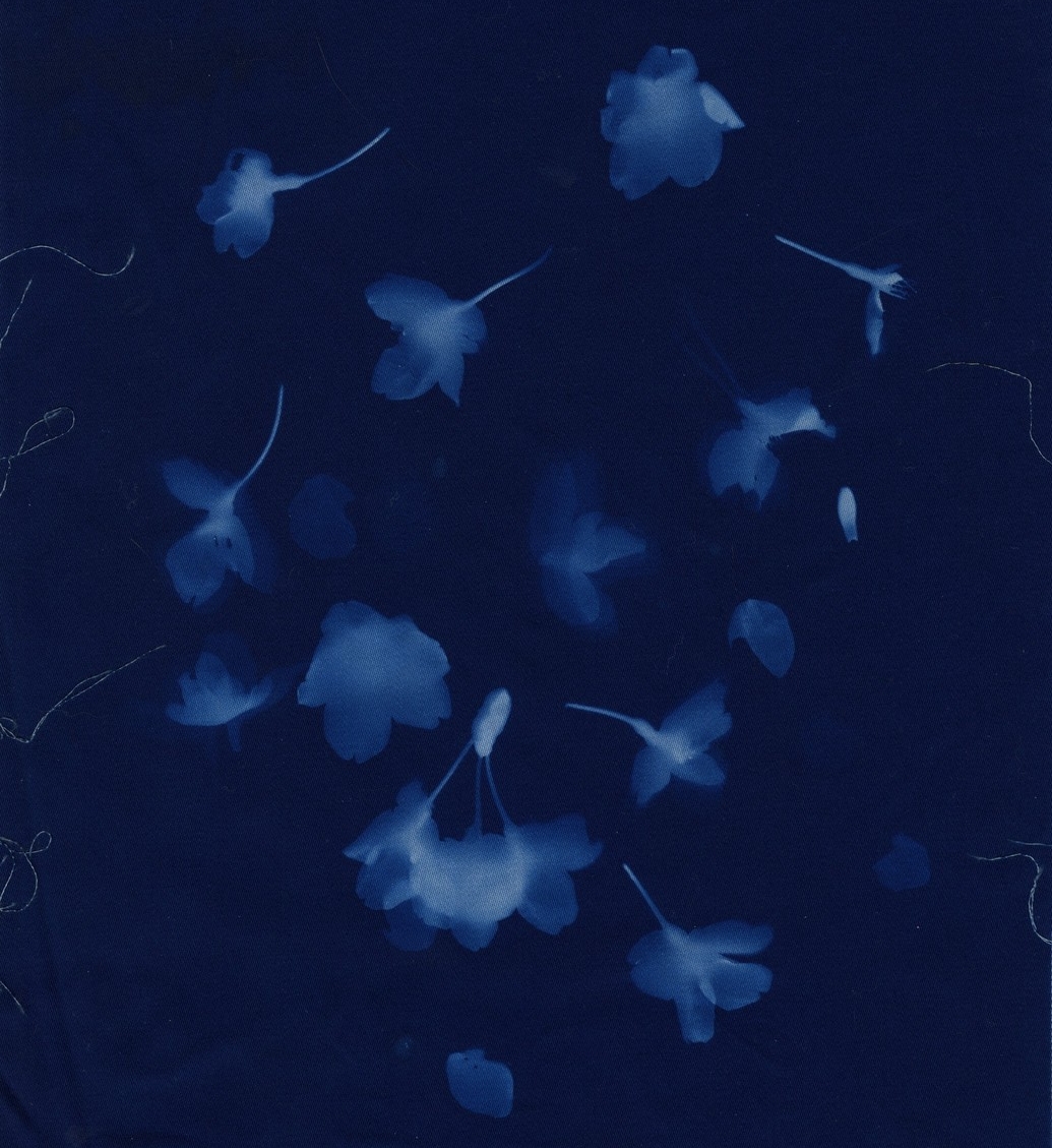 Blurred print of flowers on dark blue fabric