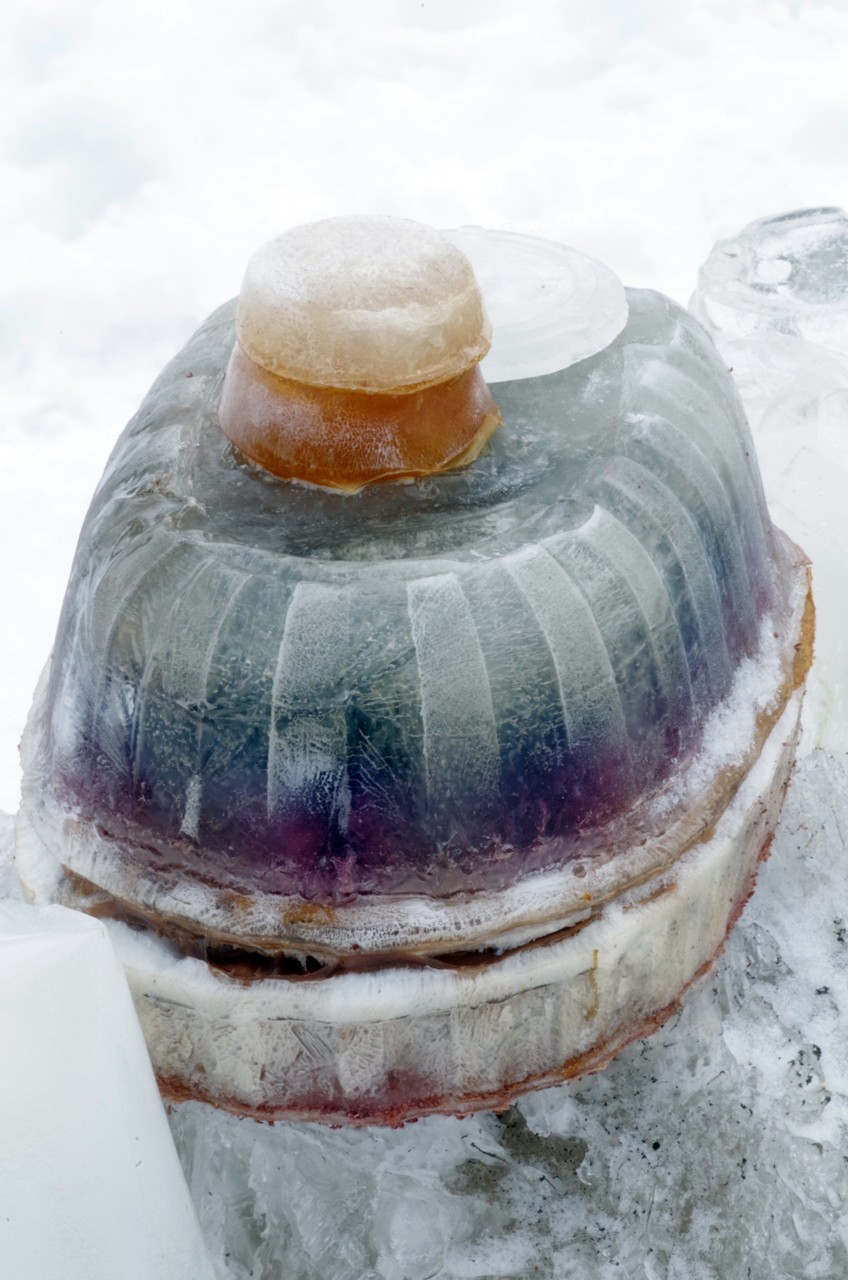 Detailed photograph of a grocery chicken BBQ container molded in ice with natural dyes. There are frozen agar reproductions of plastic sauce containers on top of the rotisserie chicken container. 