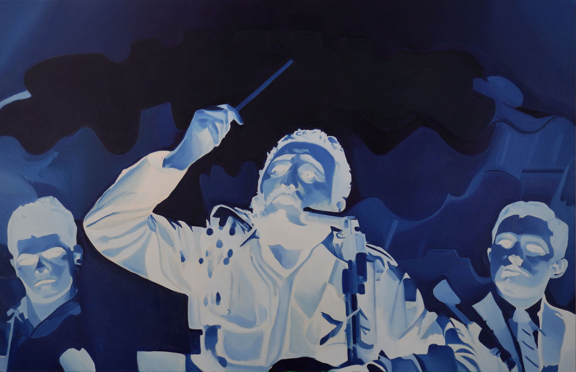 Représentation peinte de Fidel Castro prononçant un discours public entouré de deux membres de son parti politique. La peinture est blanche et bleue. Le portrait ressemble à un négatif photographique
