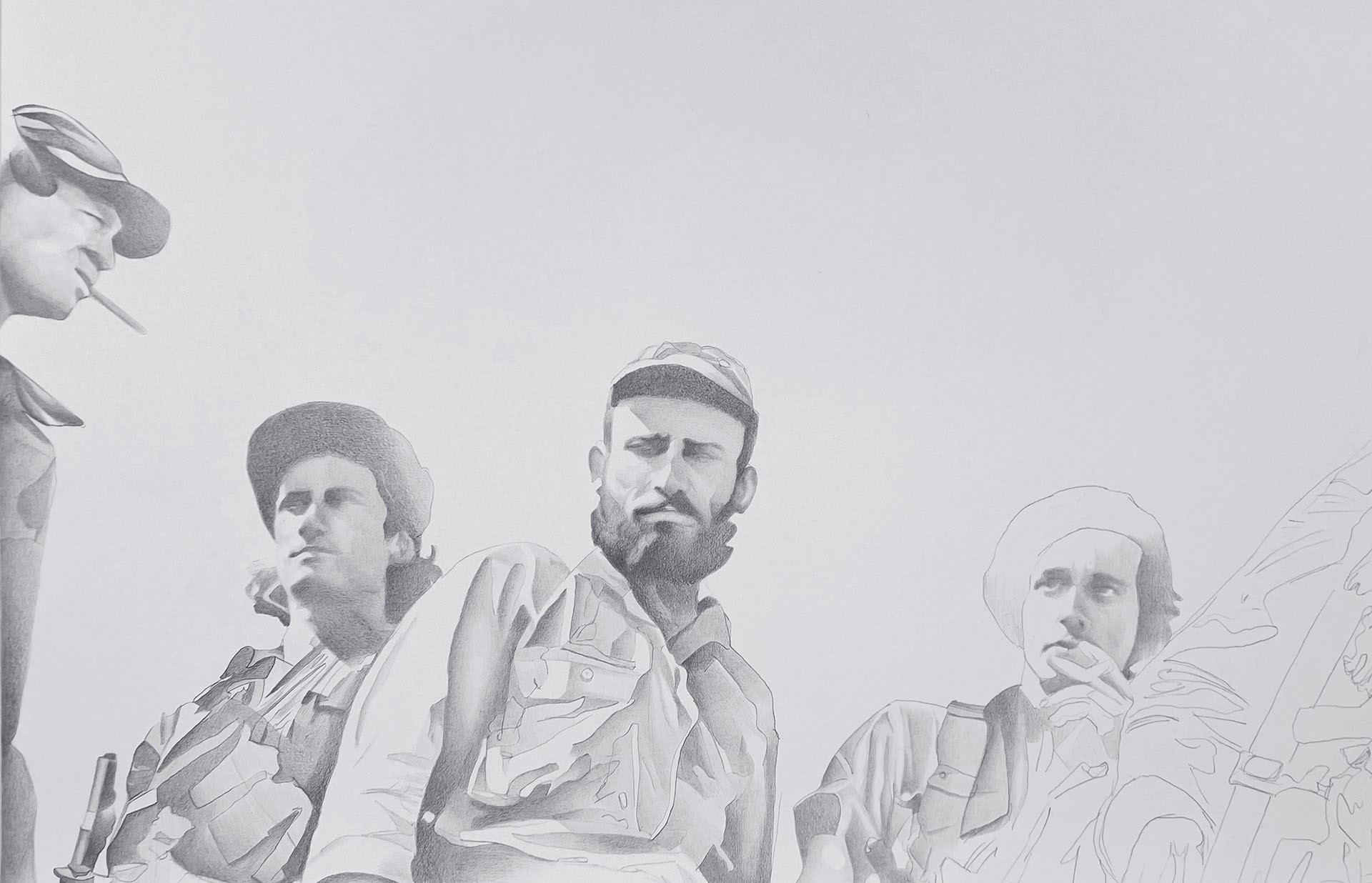 Est Originale Peccatum, 2024, graphite sur papier, 39” x 51” Portrait en graphite sur papier, noir et blanc, démontrant des militants de la révolition cubain portant des vêtements de l'armé.
