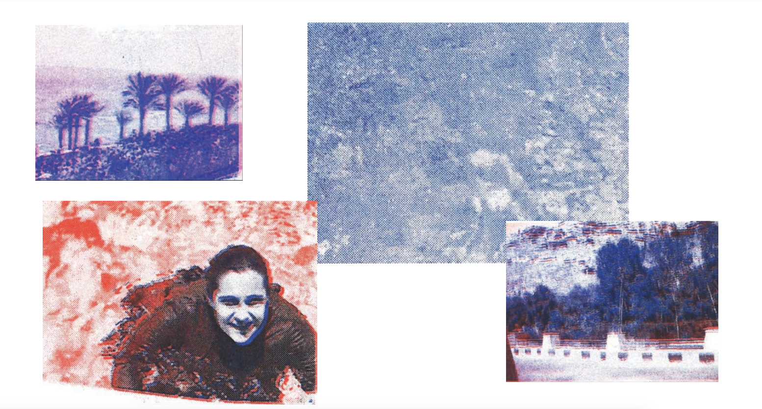 Collage de quatre risographes sur fond blanc. Elles donnent un aperçu de l'Égypte, de la Syrie et du Koweït selon l'œil de l'artiste lorsqu'il avait 10 ans. Elles sont imprimées en bichromie, bleu et rouge, bleu et rose, et rouge et jaune.