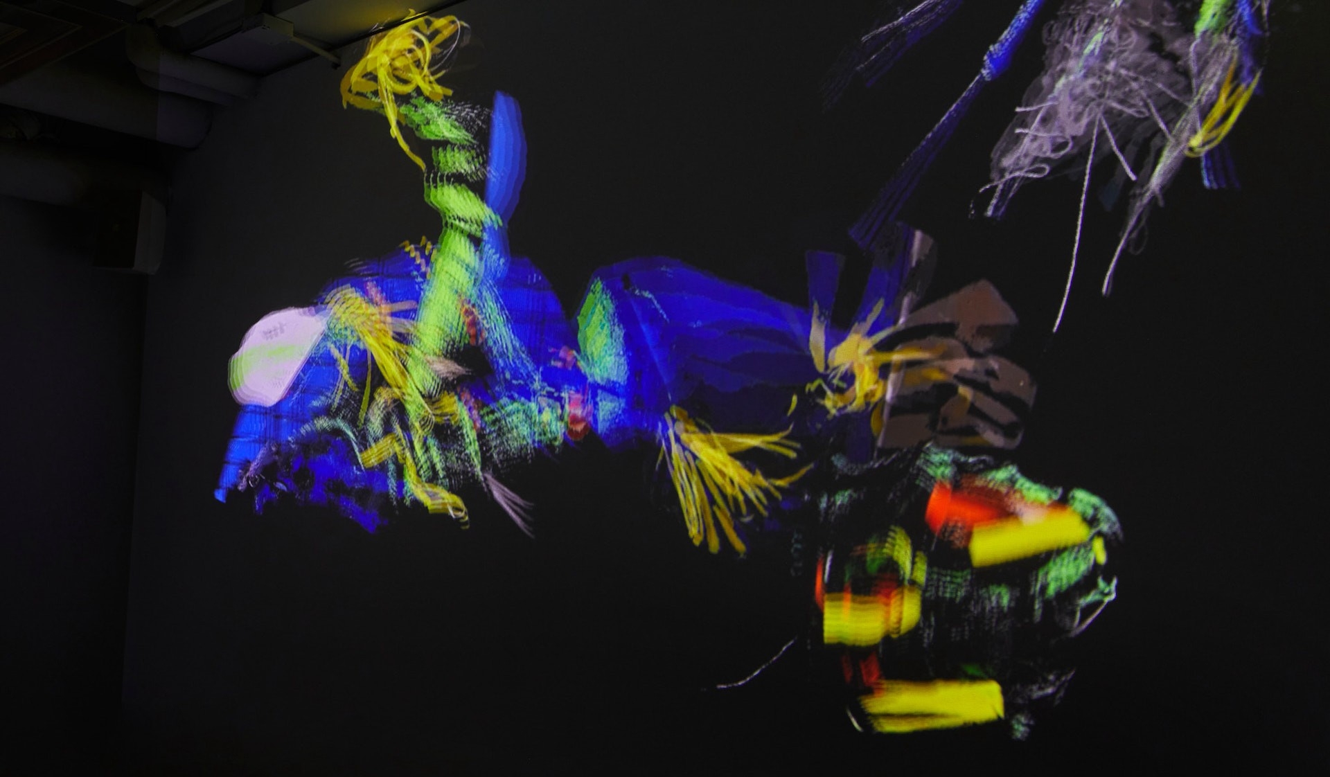 Projections sur un plafond et des murs de limbes colorés et amorphes  