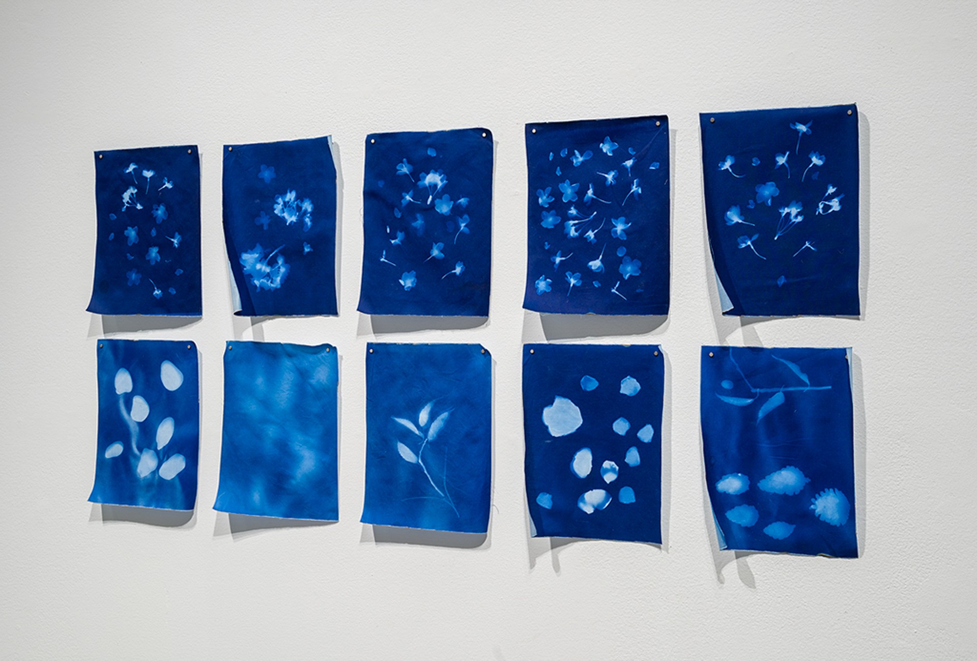 Deux rangées de cinq tissus imprimés, sur fond bleu foncé, avec des impressions fantomatiques bleu clair représentant des fleurs, des rochers et des branches