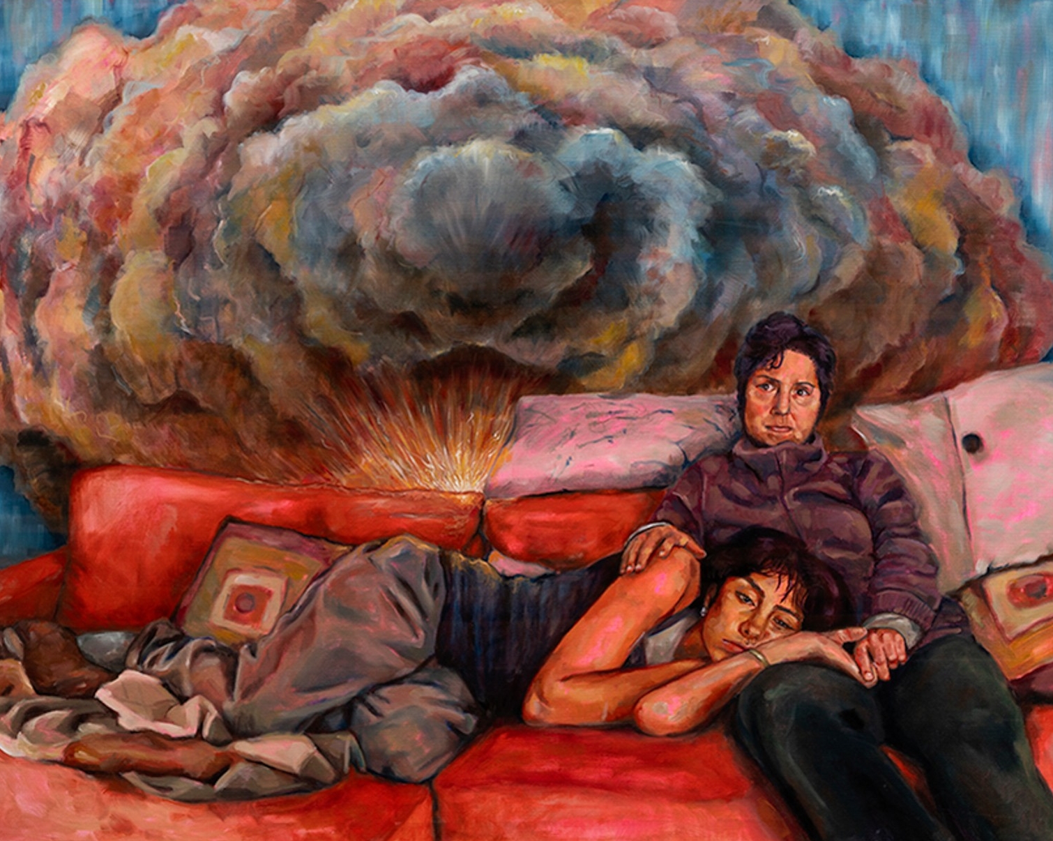 Peinture de deux personnes assises sur un canapé avec en arrière-plan une explosion colorée. La personne assise bien droite a une posture et un visage calmes, tandis que celle allongée sur les genoux de l'autre semble s'ennuyer.