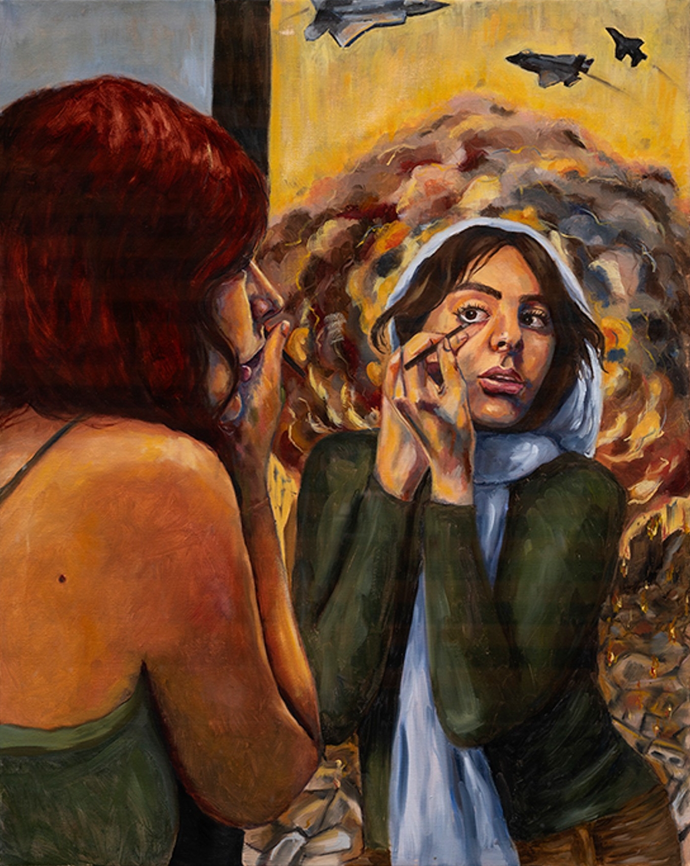 Peinture d'une jeune femme se maquillant devant un miroir, deux versions d'elle-même : l'une dans un décor calme, vêtue d'un chemisier sans manches et les cheveux détachés, l'autre portant un voile, avec derrière elle une explosion et des avions.