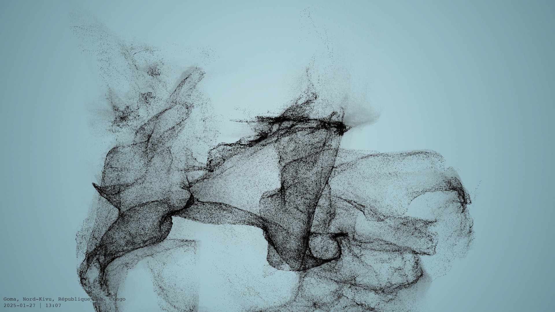 Un nuage amorphe de points noirs flottant sur un fond bleu pâle. Dans le coin inférieur gauche, une date, une heure et un lieu indiquant la République démocratique du Congo.
