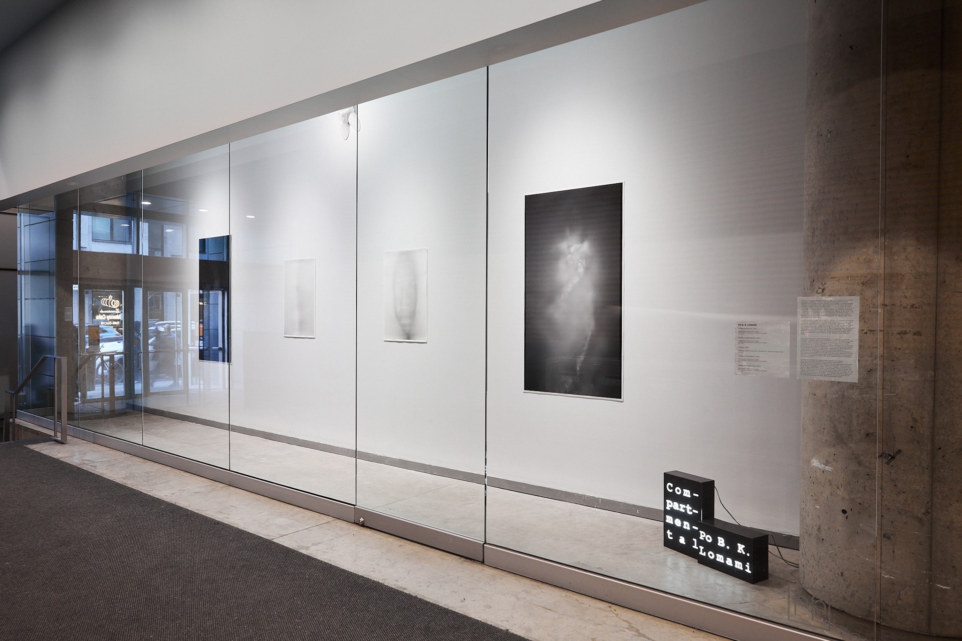 Vue d'une vitrine présentant cinq œuvres accrochées au mur, de gauche à droite : une photo verticale sur fond sombre représentant la silhouette floue de deux bras, une photo verticale sur fond blanc représentant la silhouette floue d'une forme amorphe derrière un voile, au plafond au milieu de la vitrine, une sculpture blanche représentant deux mains tenant un visage, une photo verticale sur fond blanc représentant un visage flou, et une grande photo verticale sur fond sombre représentant une silhouette floue enveloppée dans du papier d'aluminium. Dans le coin inférieur droit, au sol, deux boîtes lumineuses noires portant l'inscription « Compartmental. Po. B. K. Lomami ».
