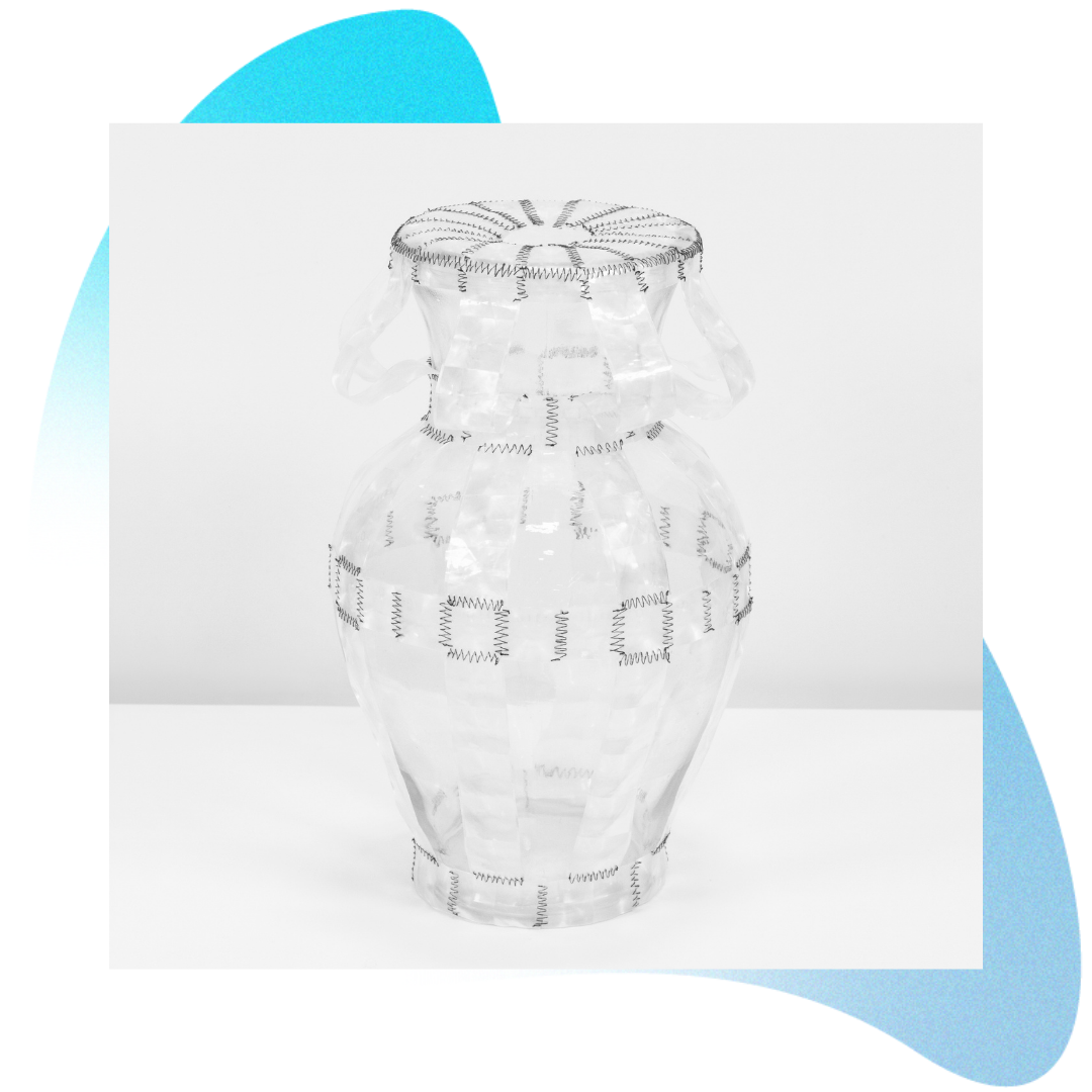 an artwork: a transparent vase made of a shower curtain
