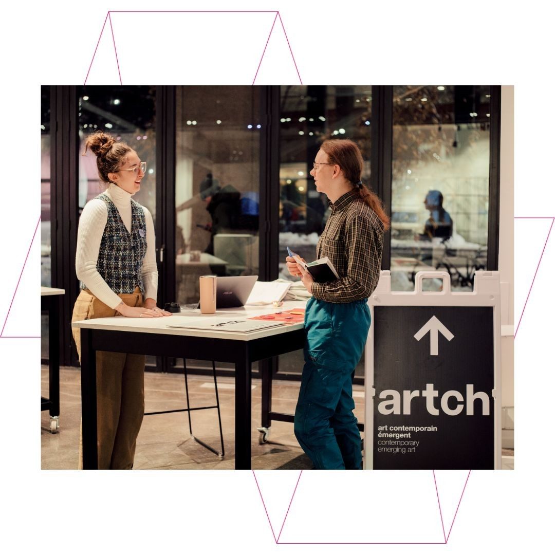 Two people talking and Artch poster