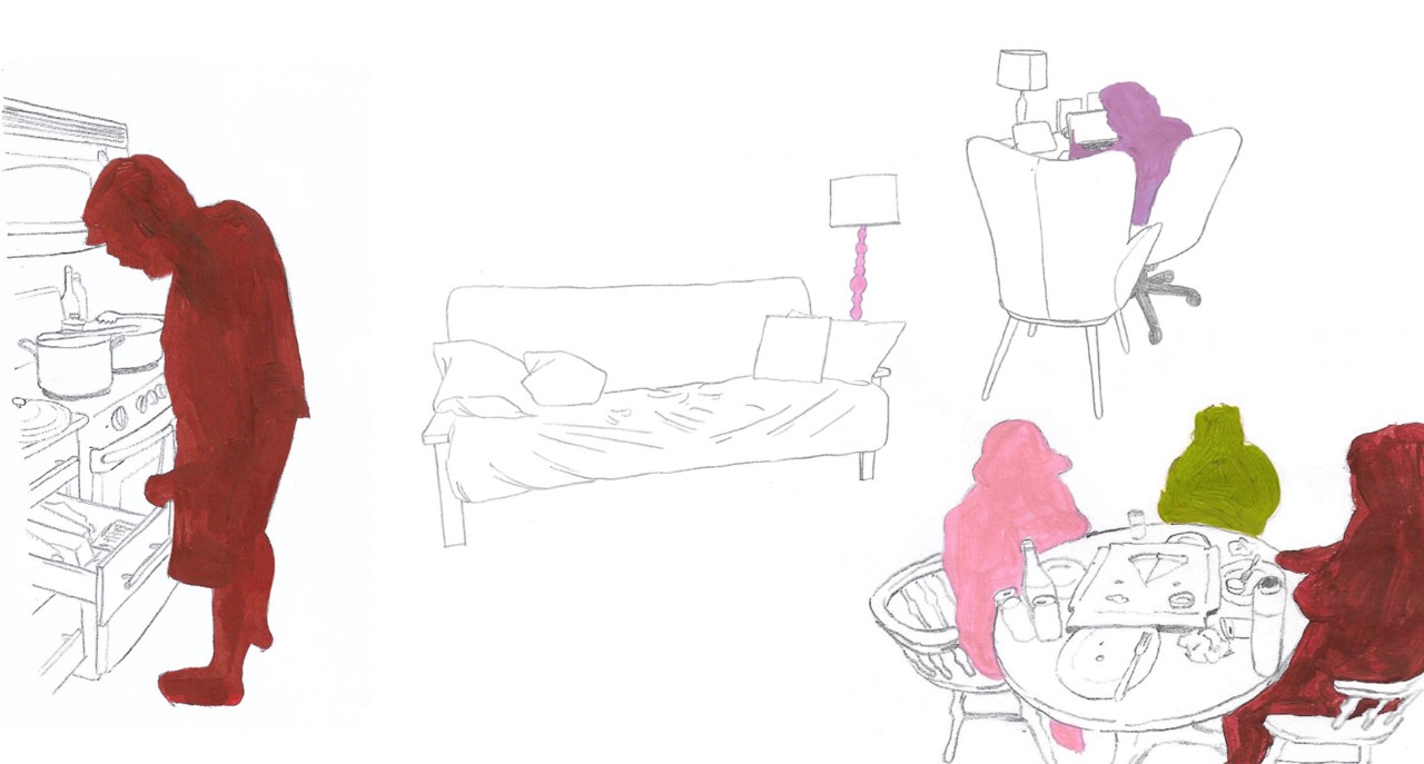 Still from a video artwork - drawing of people cooking and eating