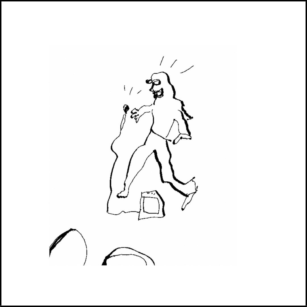 A sketch of a figure speaking into a microphone.