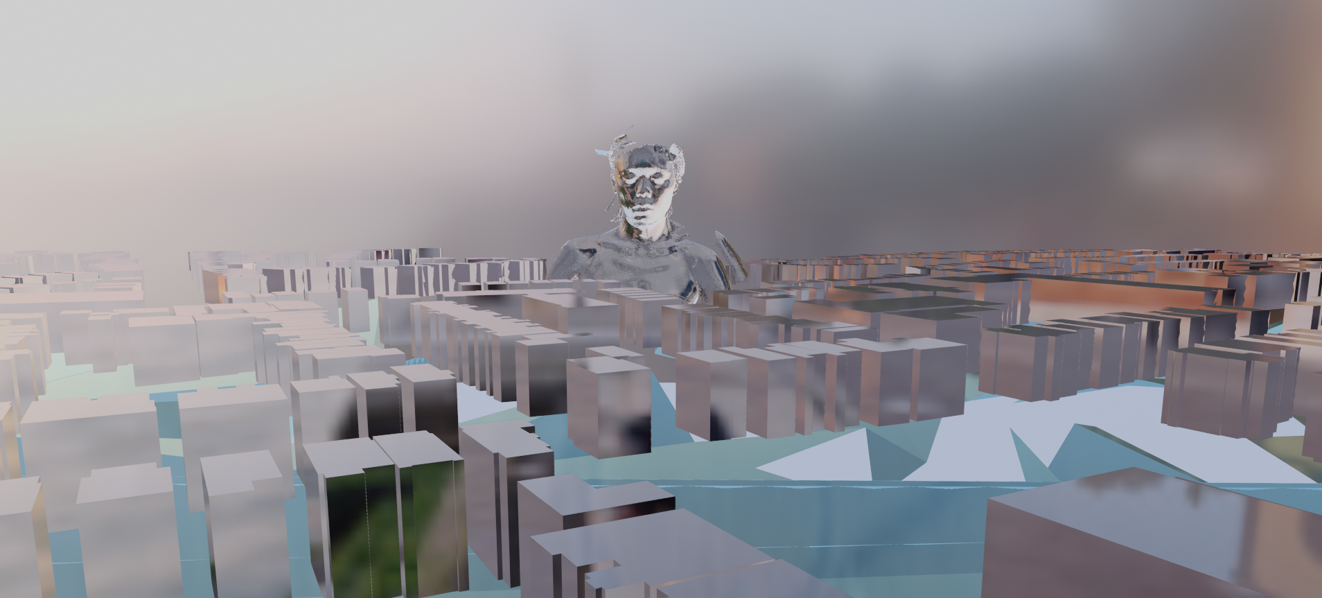 an image of a 3D space: arial view of a monochromatic city with a giant figure in the background
