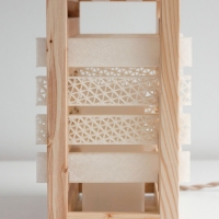 Close up photo of lamp, reclaimed wood, 3D-printed PLA