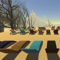 Computer-generated image of lounge chairs facing bare trees and the Taj Mahal in the background