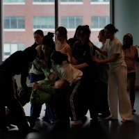 Female dancer in a ballerina skirt on a stage in a push-up position