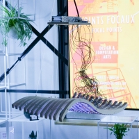 Close up photo of lamp, reclaimed wood, 3D-printed PLA