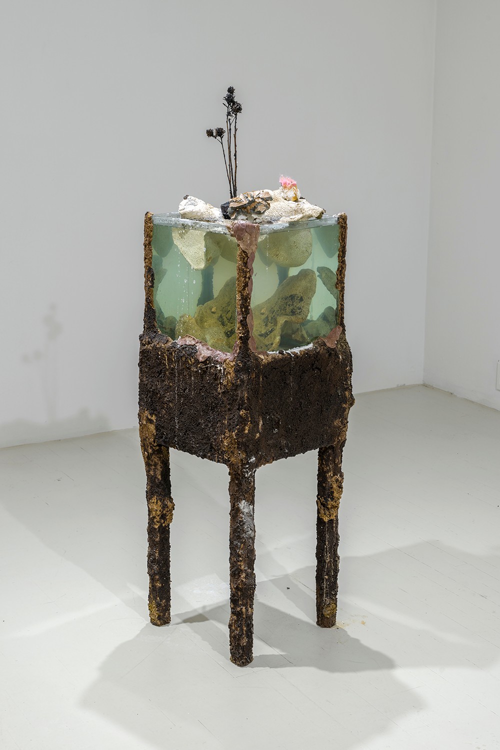 A sculptural aquarium-like piece features a clear box containing rocks, as if they were suspended in water. A plant-like stem stands abover the surface. The sculpture's legs and base have a rough, textured surface with brown and gold tones, suggesting corrosion. 
