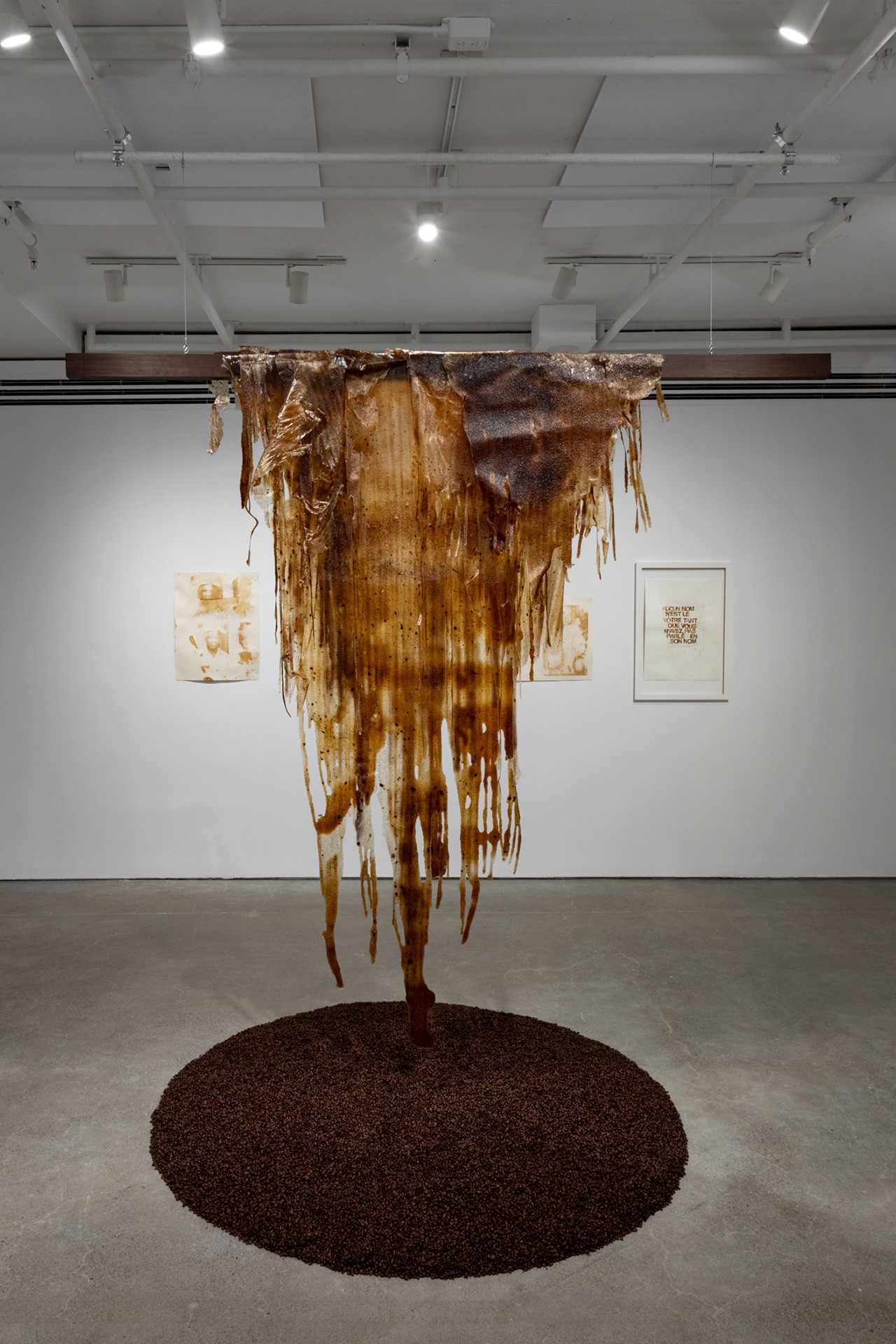 A large, textured sculpture hangs from a wooden beam in a gallery space. The sculpture is made of a brown, translucent material with streaks and spots of darker brown, resembling dripping coffee. It hangs above a circular base of dark brown, coffee beans