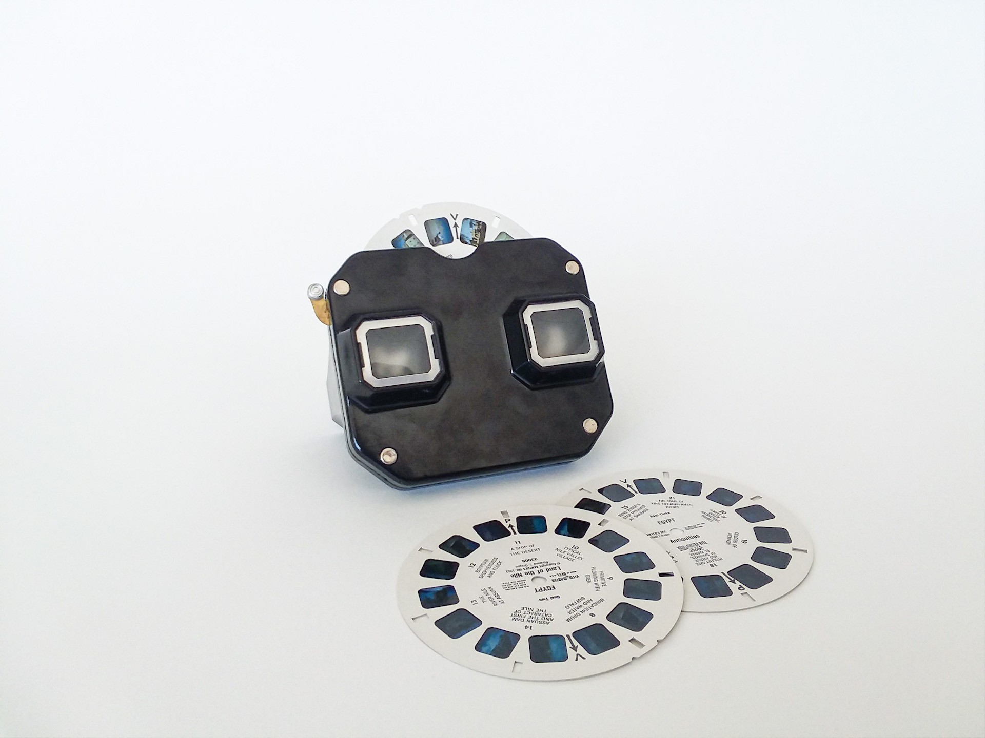 Sawyer’s View-Master stereoscope with two extra reels displayed in front of it