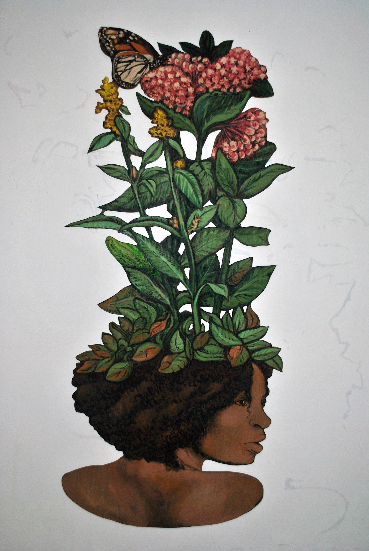 A painting of a black woman with flowers growing out of her head and a monarch butterfly at the top.